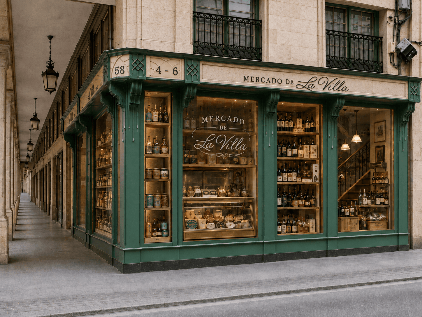 Fachada de Mercado de la Villa con escaparates gourmet
